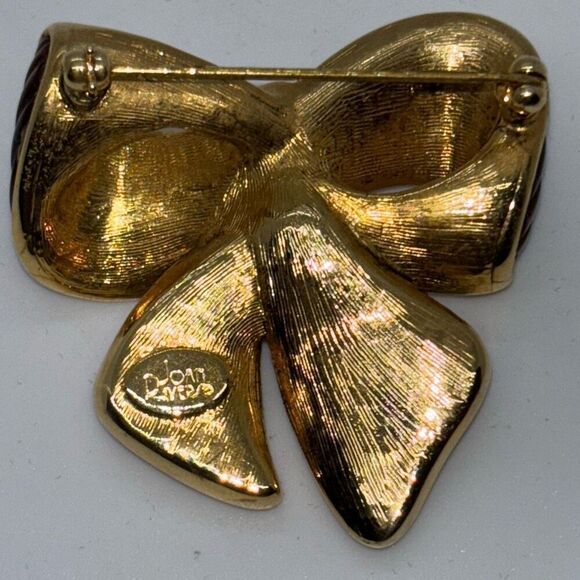 Joan Rivers Vintage brown ribbon bow amber resin crystals lucite brooch pin +box - Picture 7 of 9